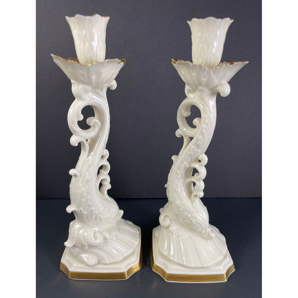 Lenox Aquarius Candle Holder Set of 2 Candlestick Ivory 24k Gold Dolphin Koi 10"